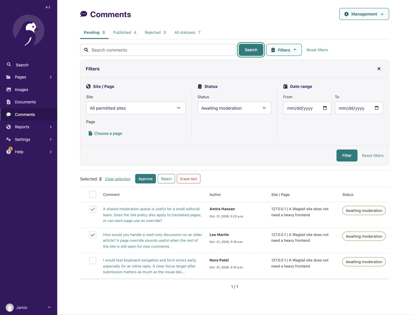 Wagtail moderation queue with expanded filters and bulk comment selection