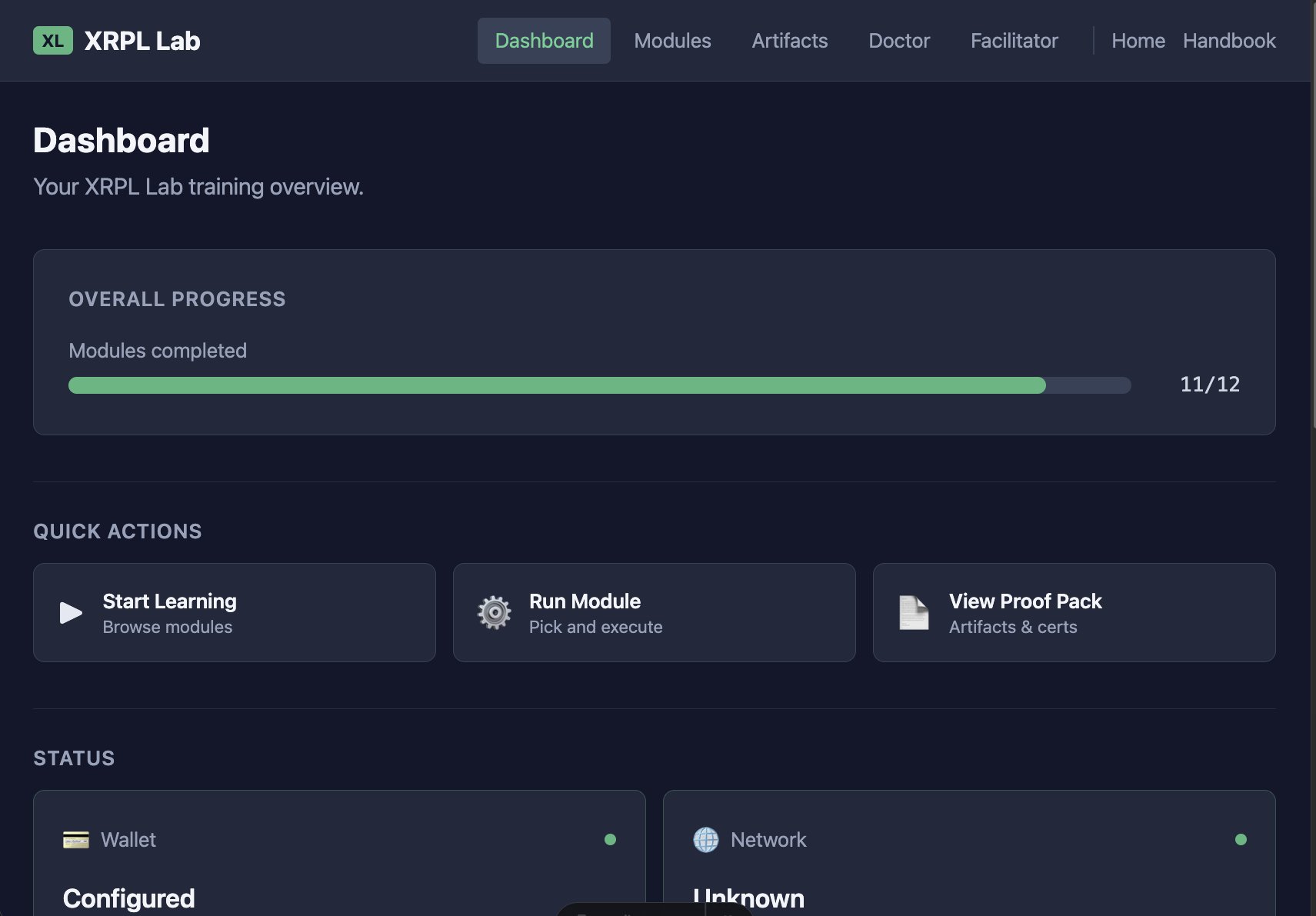 XRPL Lab dashboard showing 11/12 modules completed with quick actions and status panels