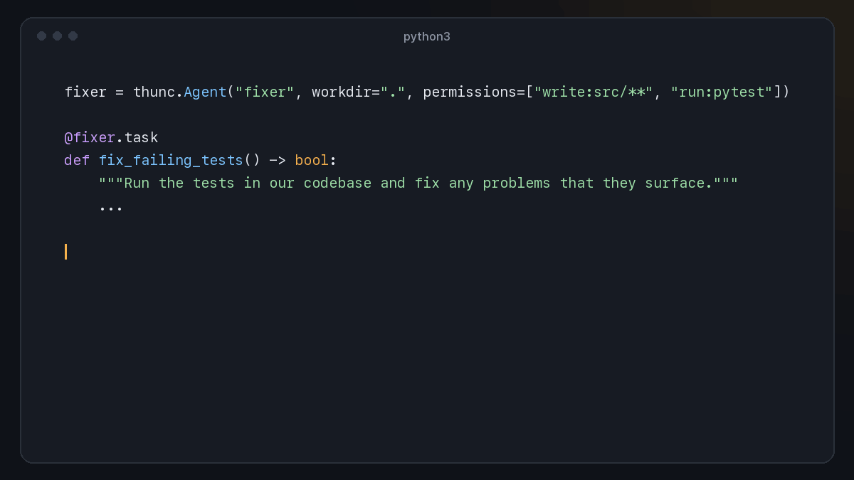 An agent allowed to write src/** and run pytest is asked to run the tests and fix any problems. pytest shows 1 failure; it reads src/pricing.py, fixes one line, reruns pytest (3 passed) and returns True.
