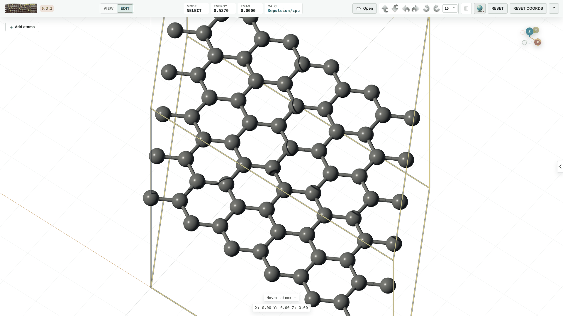 Natural-language pyridinic N3 graphene edit in the shared GUI