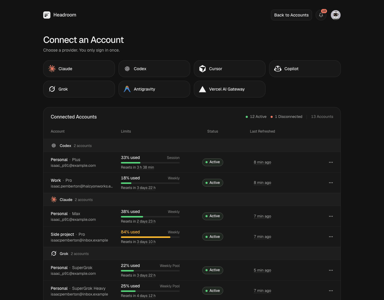 Connect: pick a provider and manage connected accounts
