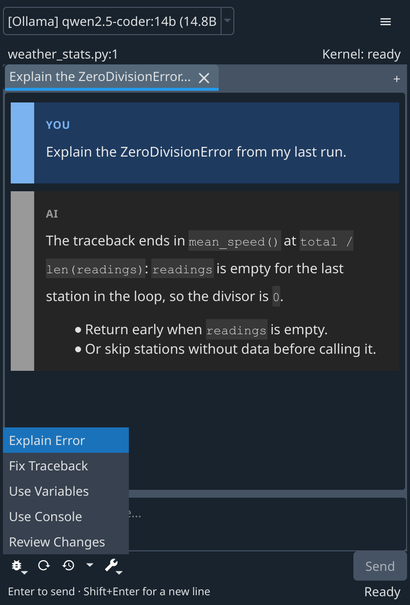 Debug menu open under an answer explaining a ZeroDivisionError