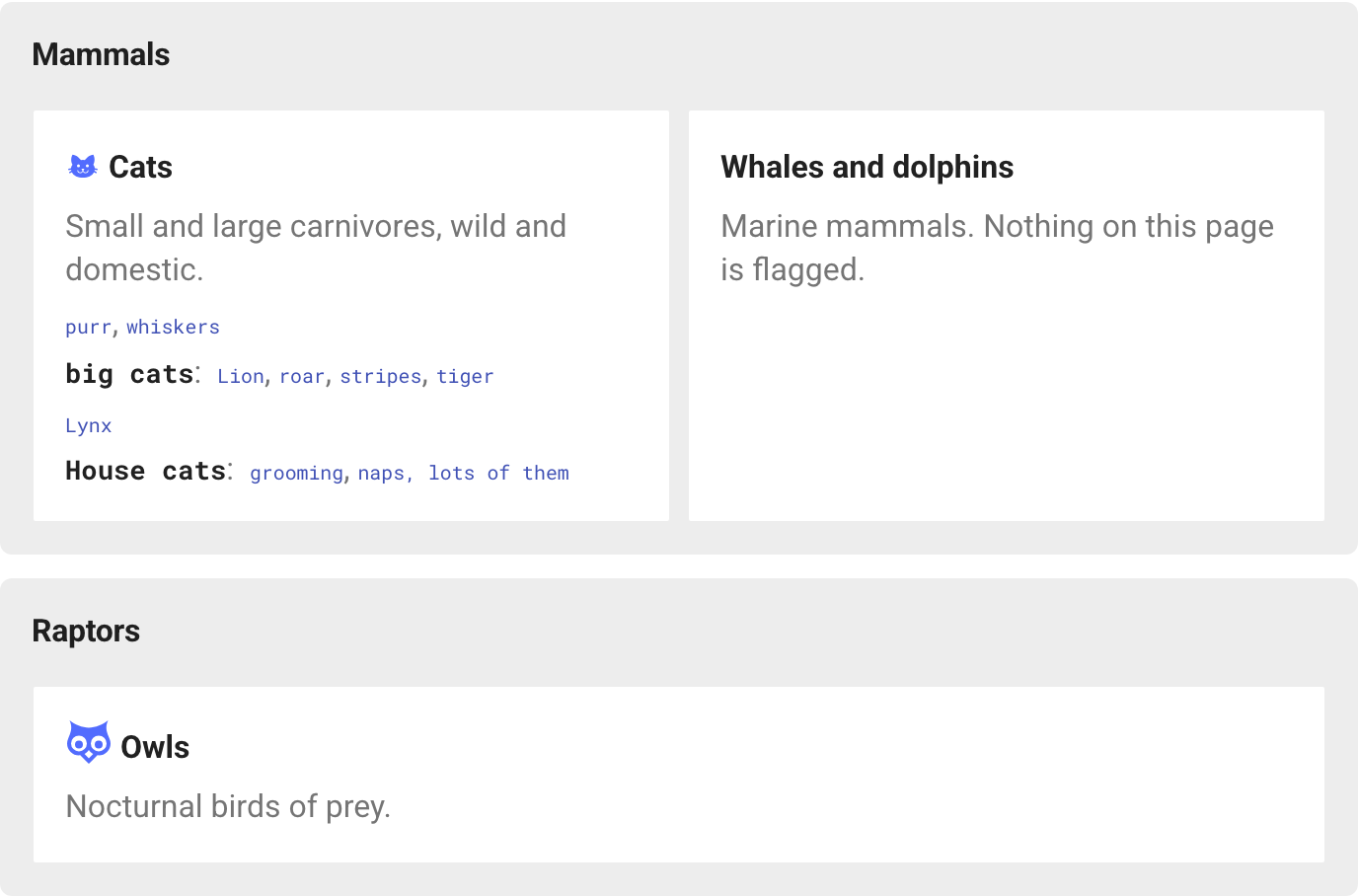 A cheatsheet grid: a Mammals group with a Cats card listing flagged headings as links, and a Raptors group below with a summarized Owls card
