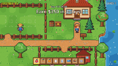 Walking into the farmhouse: bed, fireplace, table and rug