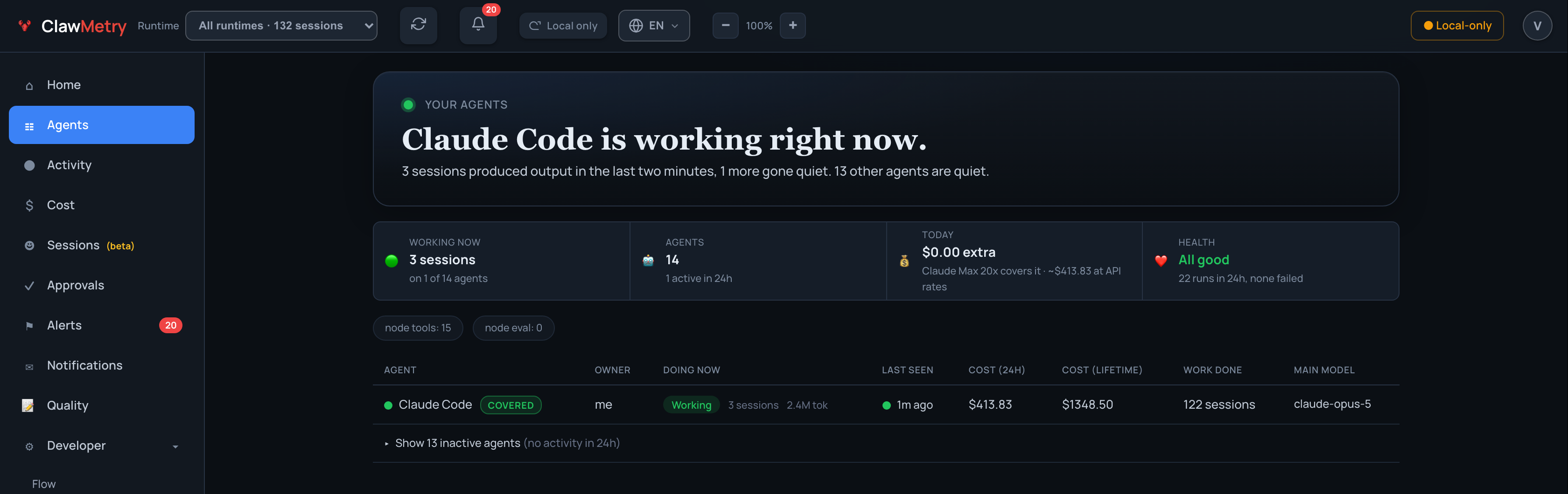 Agents: every runtime on the machine with cost, owner, last seen and current work