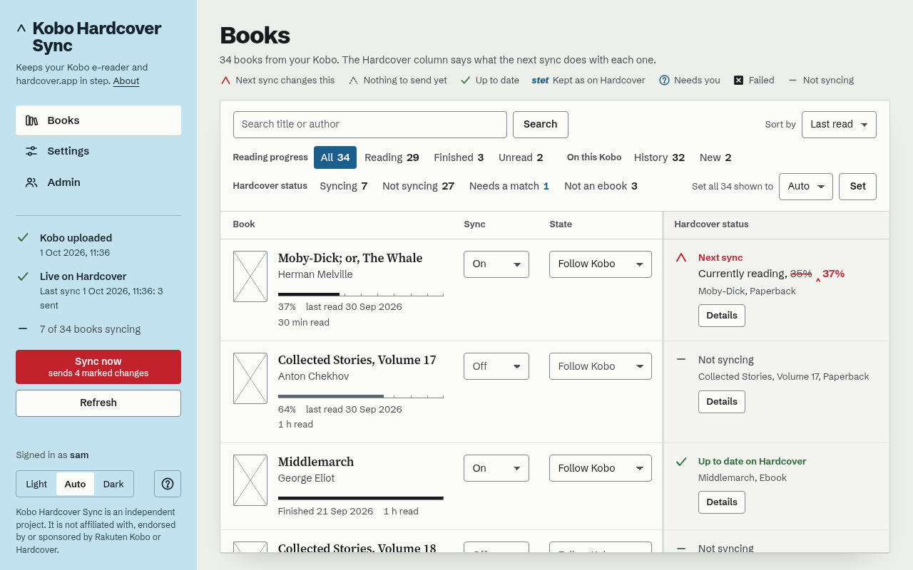 The Books page: a list of books, each with how far it is read, a Sync switch, and in the margin what the next sync changes on Hardcover, marked like a proof