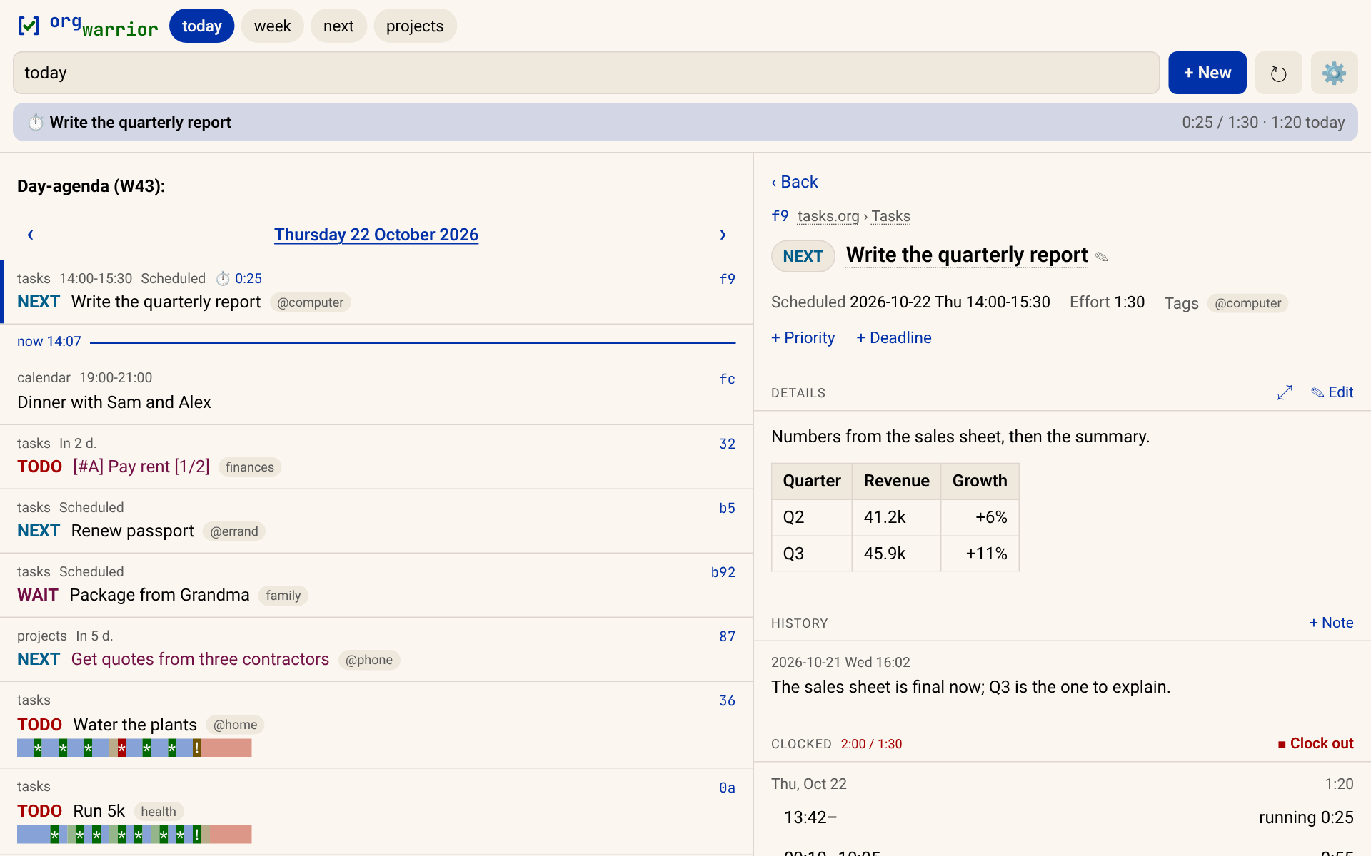 orgwarrior-web on a desktop: today's agenda beside an open task, its details rendered as Org exports them, with a table and its clocks