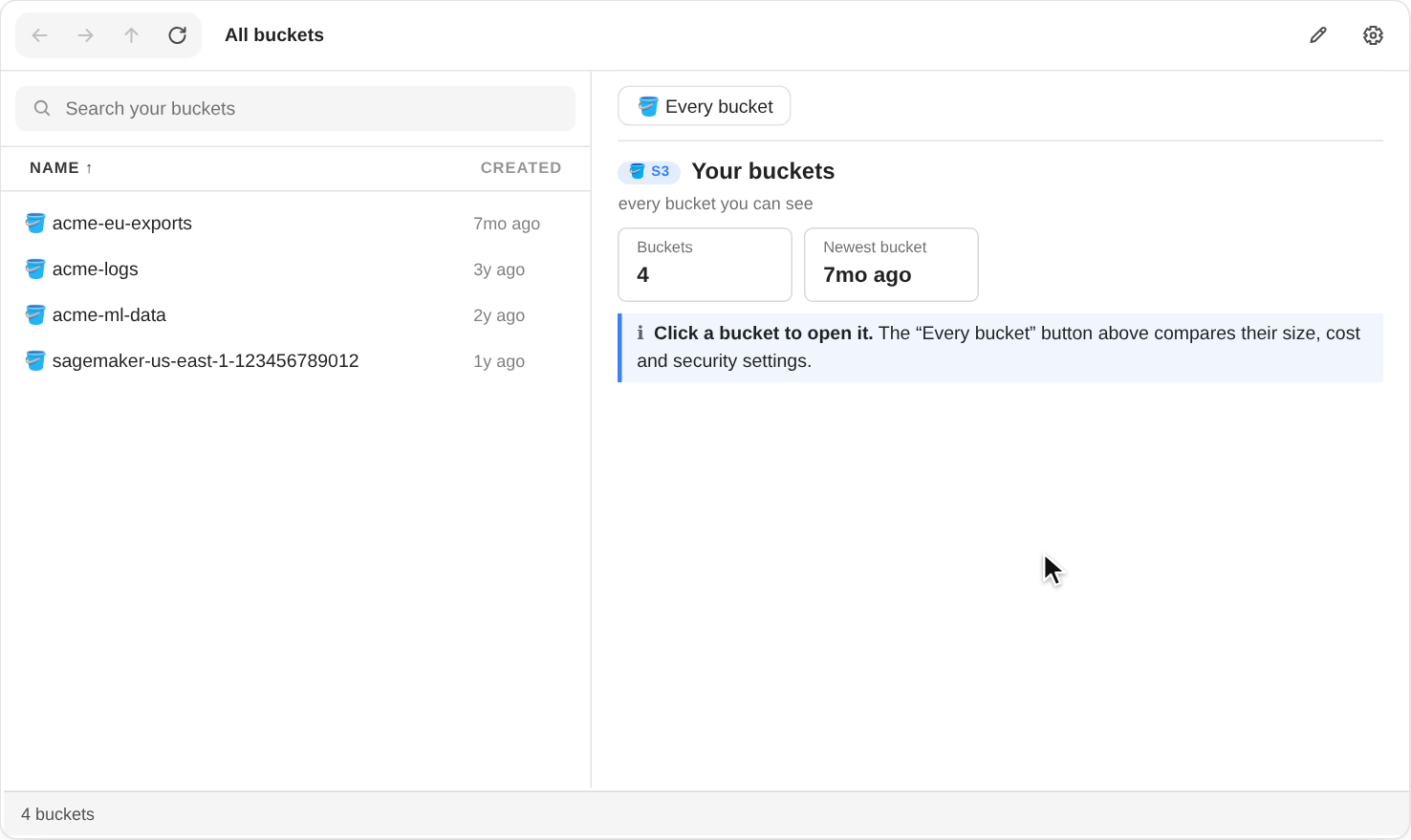 S3Explorer in a notebook, animated: it starts on the list of four buckets; the pointer opens acme-ml-data, then curated, features and churn, and clicks train.parquet, whose preview appears on the right with its row, column and row-group counts and first rows; then it clicks acme-ml-data in the path at the top, opens docs and clicks a Word model card, which appears on the right laid out with its title, headings and bullet points; last it opens training, turns on Include subfolders and clicks the .tar chip, and the list shows each model.tar.gz below with the training run it came from