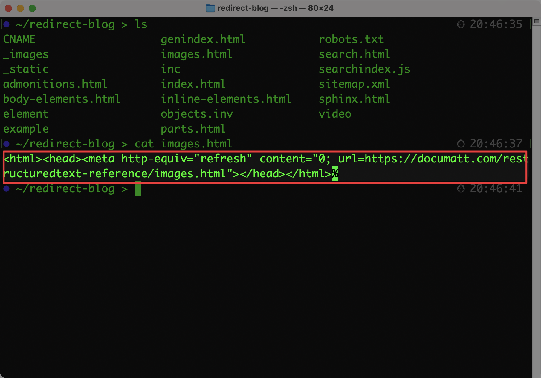 Terminal showing cat images.html ( content of generated redirect HTML file)