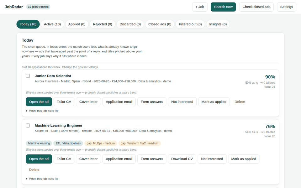 JobRadar demo: the board, what a job asks for, a tailored CV, form answers and settings