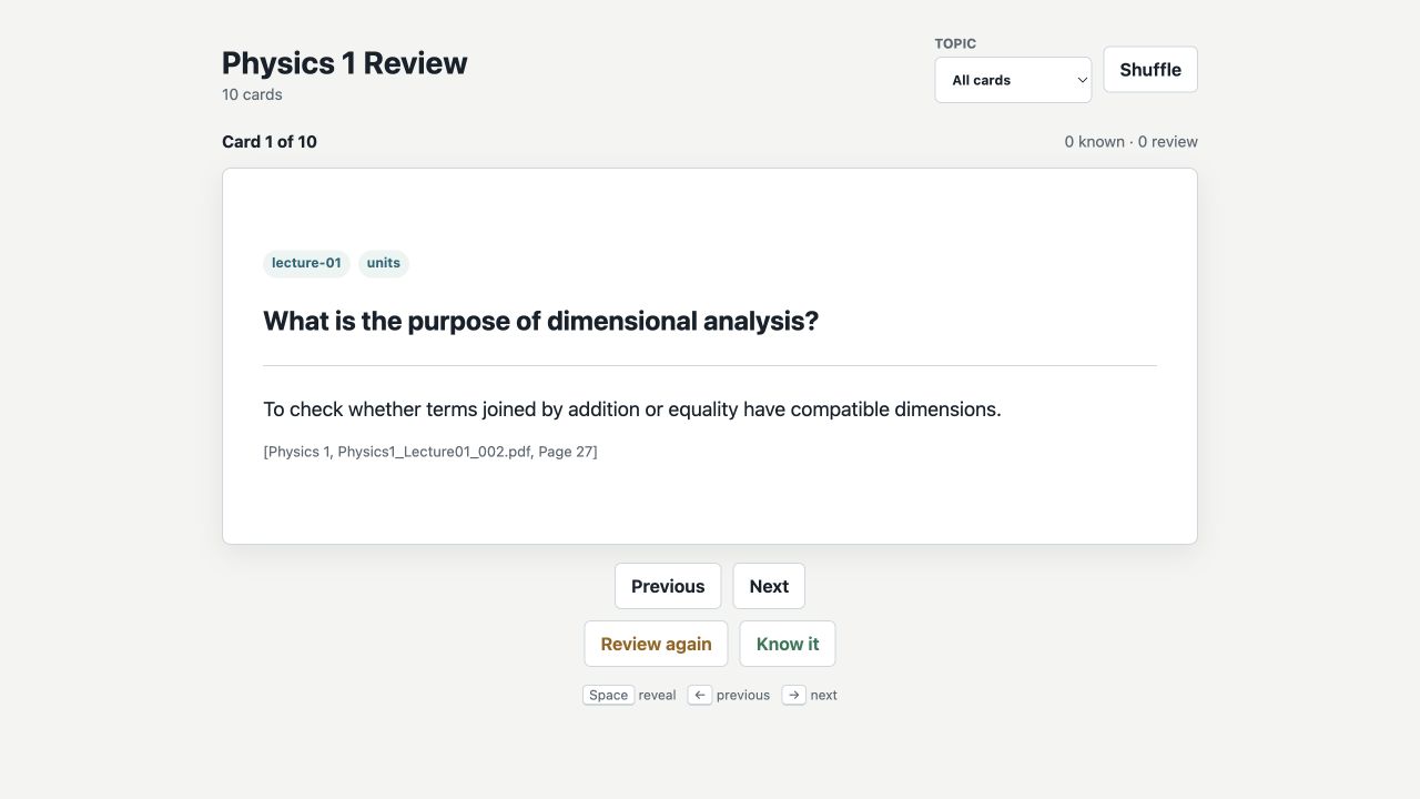 ClassCorpus interactive flashcard with its answer and exact source citation revealed