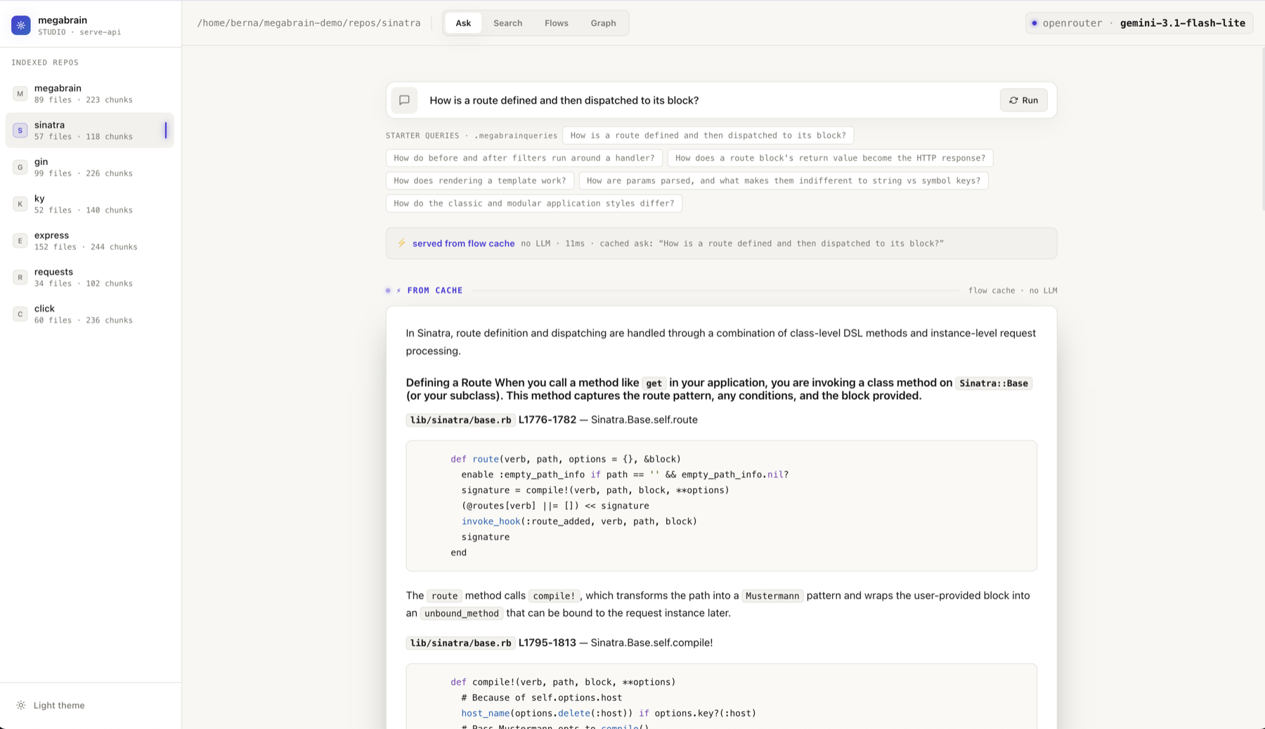 megabrain studio's Ask tab on sinatra: one question served instantly from the flow cache, and below it a live synthesis — retrieval in 25 ms across 14 files, then the cited answer streaming with the real code spliced in.