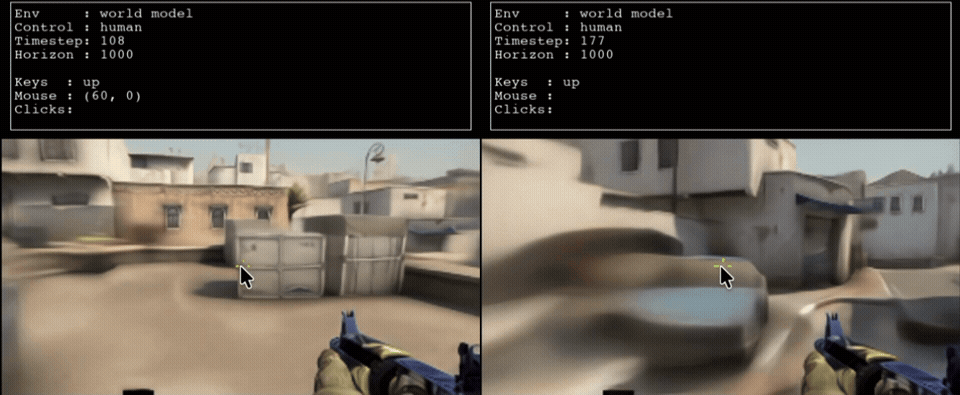 DIAMOND's CS:GO world model blurring out on contact with solid objects (car, crates, wall).