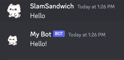 image of discord bot saying hello