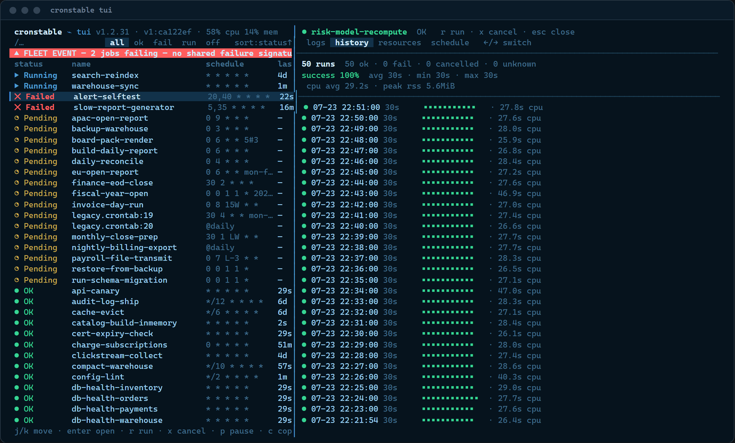 The History tab: success rate, duration stats, and per-run rows with duration bars and CPU seconds