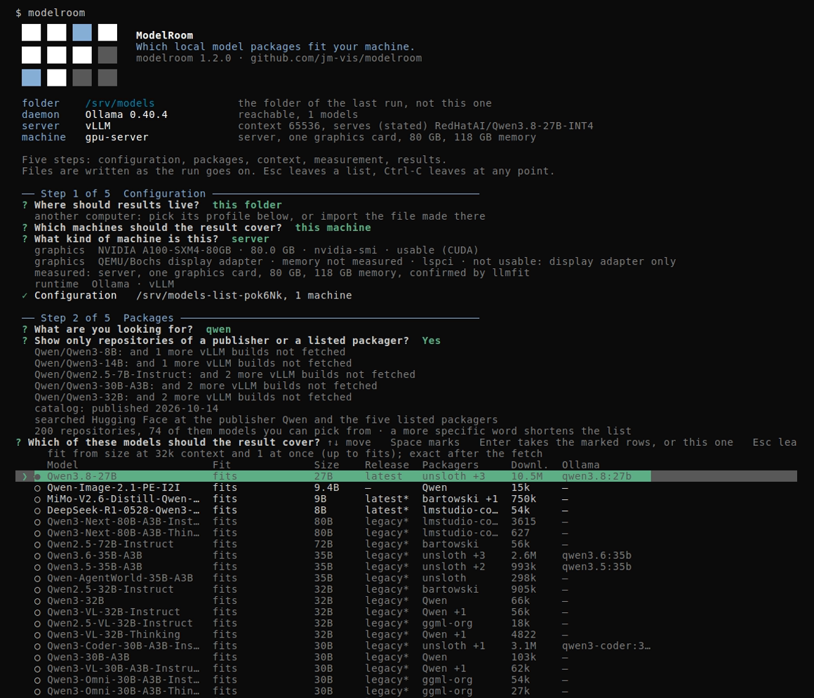 Step 2: the list of models for qwen, 200 repositories and 74 models to pick, with Qwen3.8-27B marked in the first row; the first 20 rows