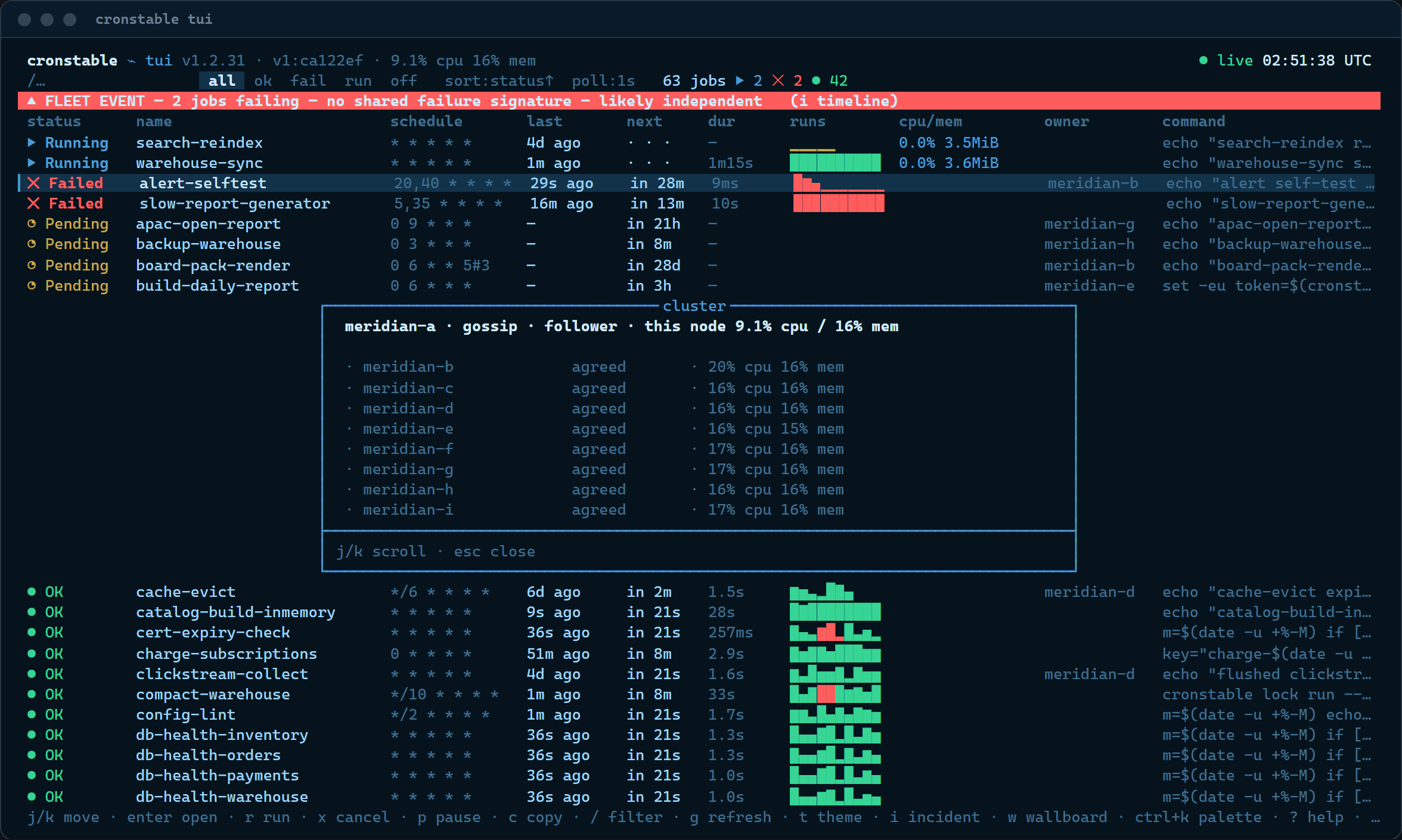 The cluster panel: nine gossiping peers, all agreed, with per-node load and the lease detail