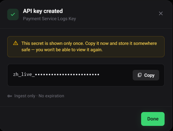 The new key, shown once with a Copy button