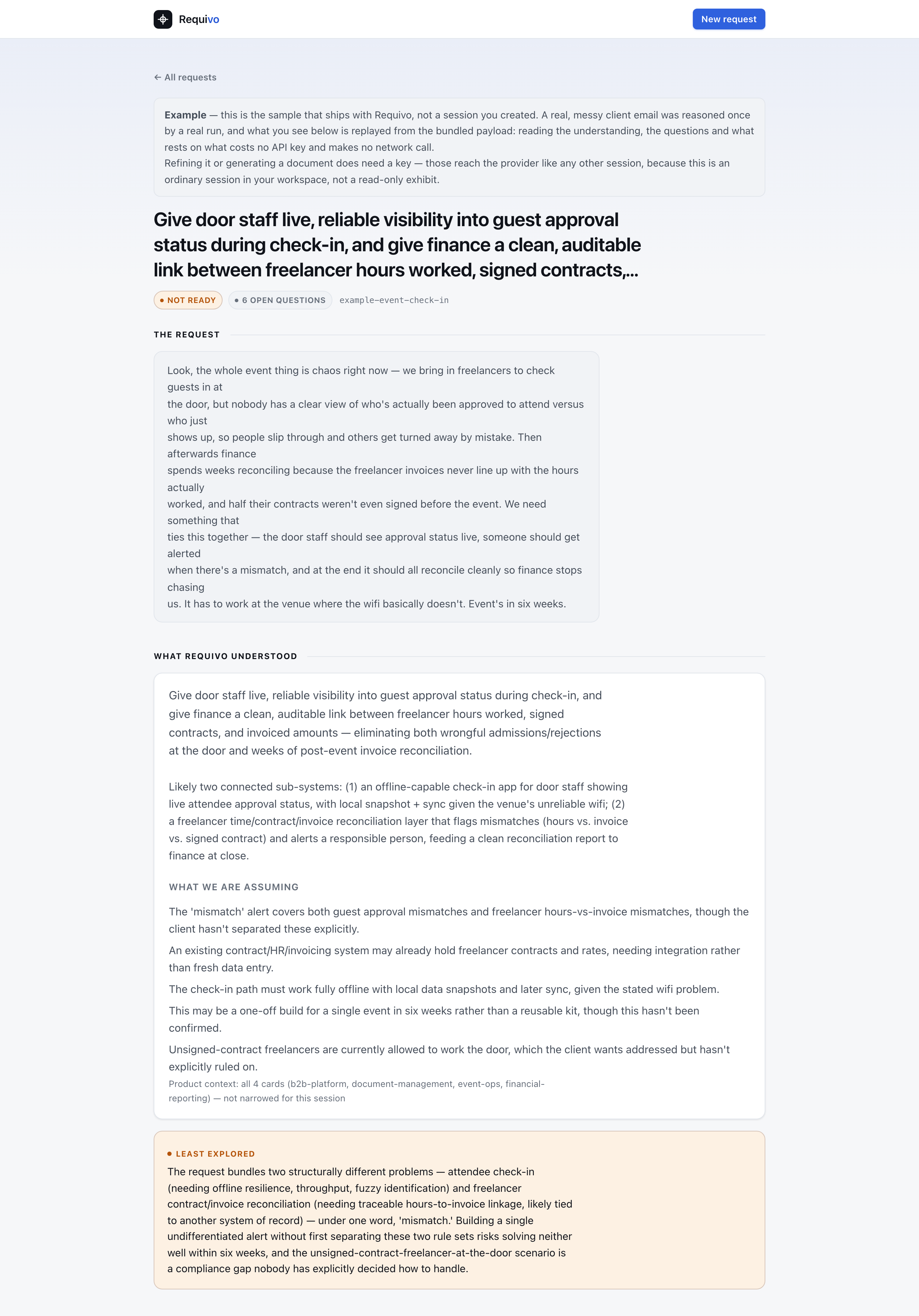 The Requivo Web session page: the objective, the request, and what Requivo understood, split into what is confirmed and what is being assumed.