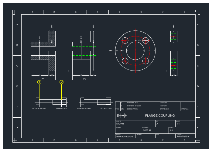 ISO A3 flange-coupling sheet: a hub with a full section and chain dimensions, a flange with its bolt-circle end view, two ISO 4014 bolts with ISO 4032 nuts, a parts list with linked balloons, an ISO 5457 frame with zones and an ISO 7200 title block