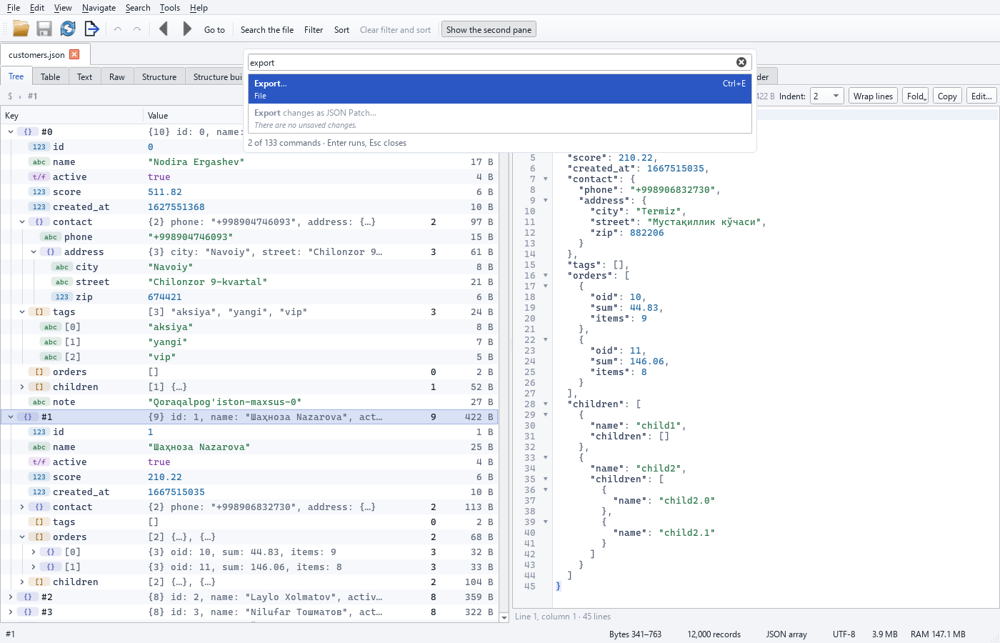 Command palette over the window with the query "export": Export… (Ctrl+E) selected and the disabled "Export changes as JSON Patch…" with its reason