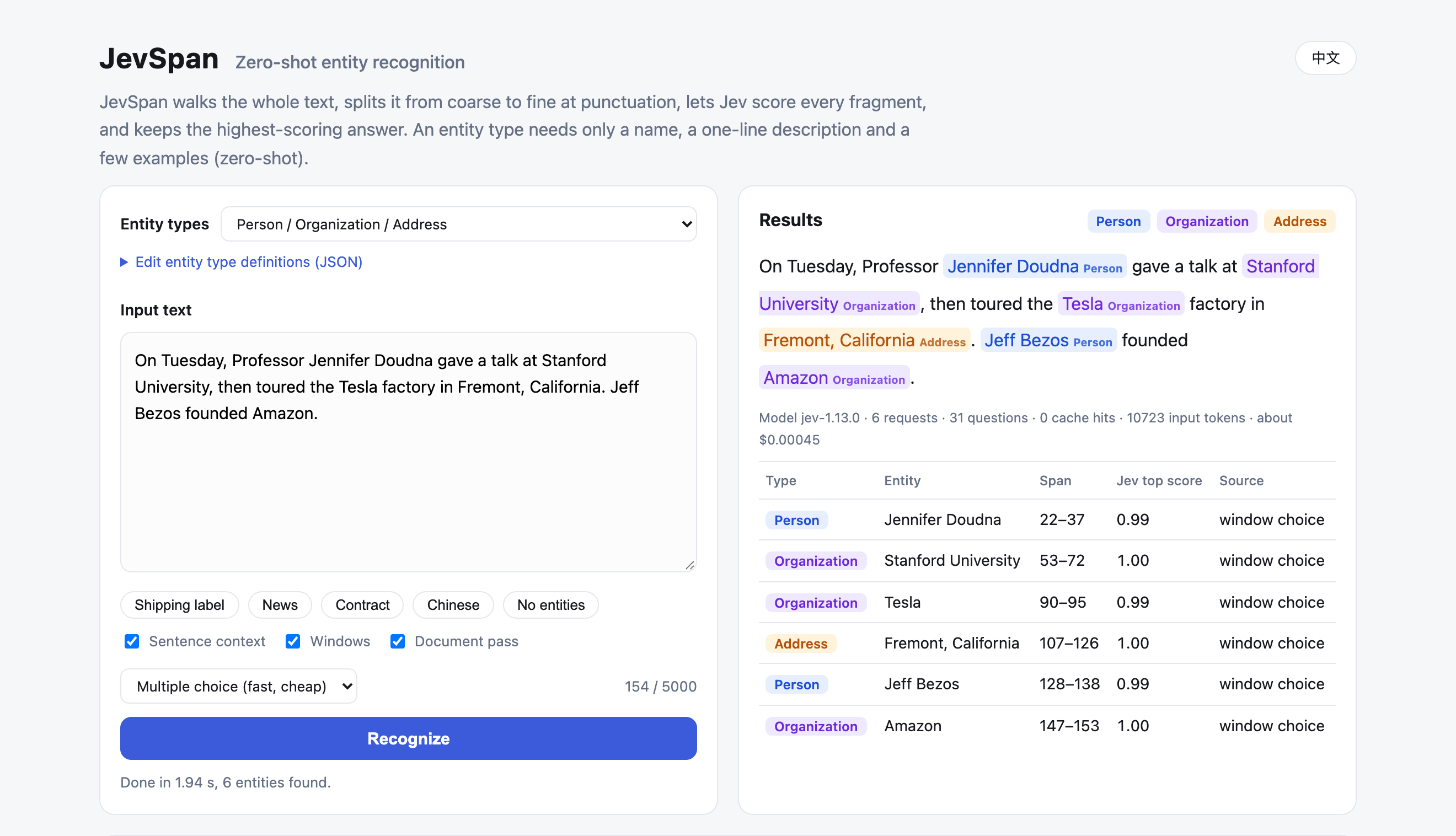 JevSpan web UI: people, organizations and addresses highlighted in an English news paragraph, with Jev's probability for each entity