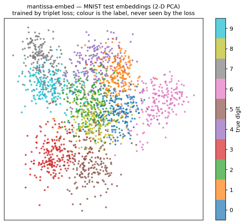 MNIST test embeddings, 2-D PCA, coloured by true digit — visible per-digit clusters