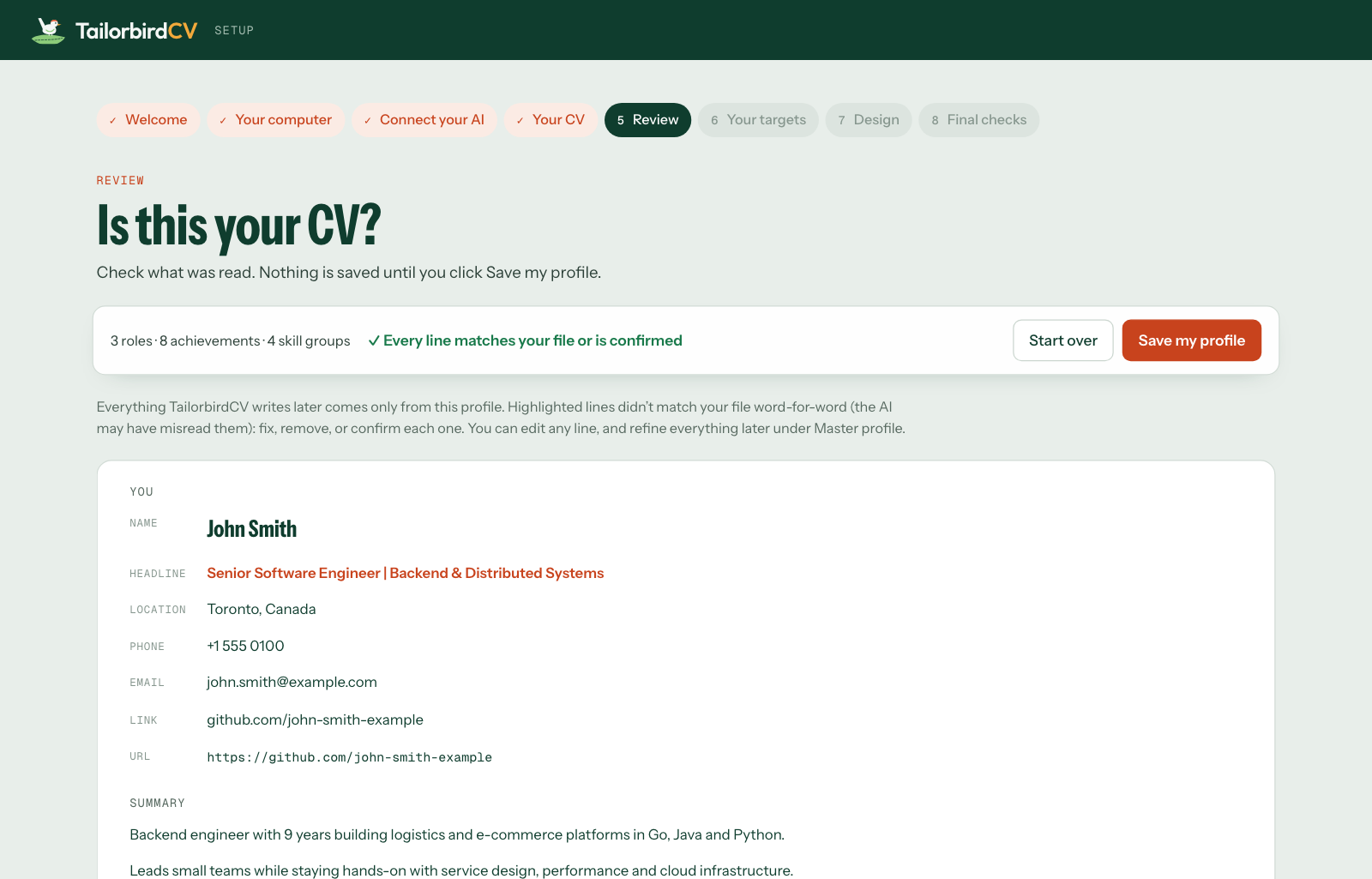 The setup wizard's review step: the CV as TailorbirdCV read it, checked line by line against the file