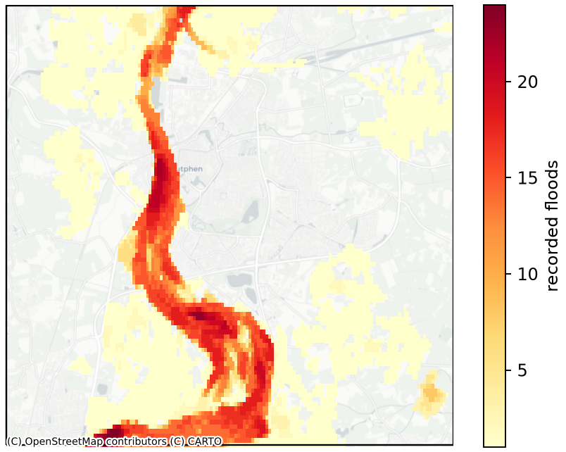 EuroFlood — flood-recurrence map of Zutphen on the river IJssel, over a grayscale basemap