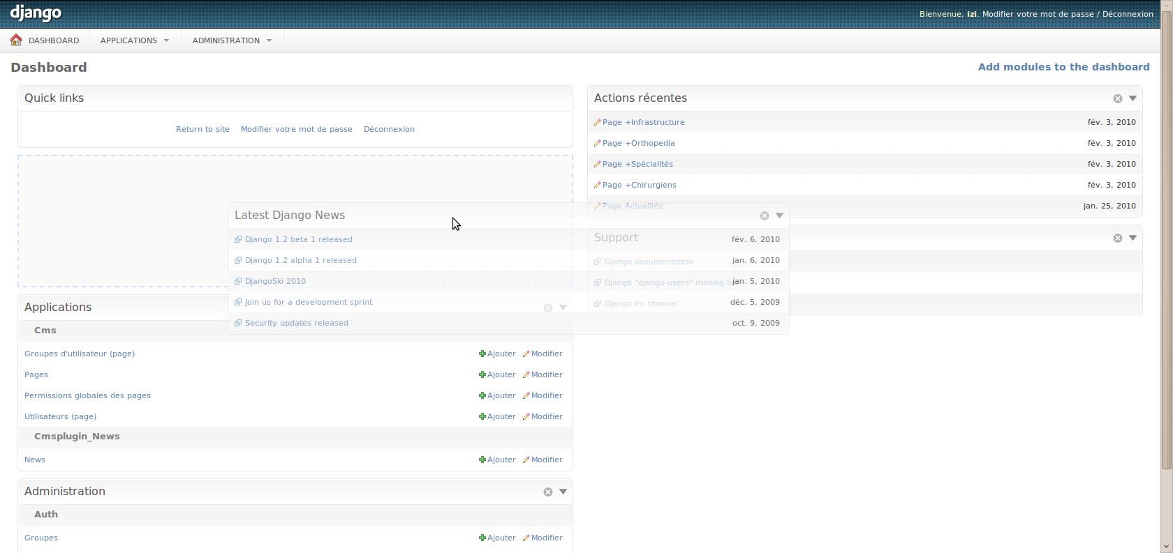 Dashboard modules can be dragged, collapsed, closed etc.