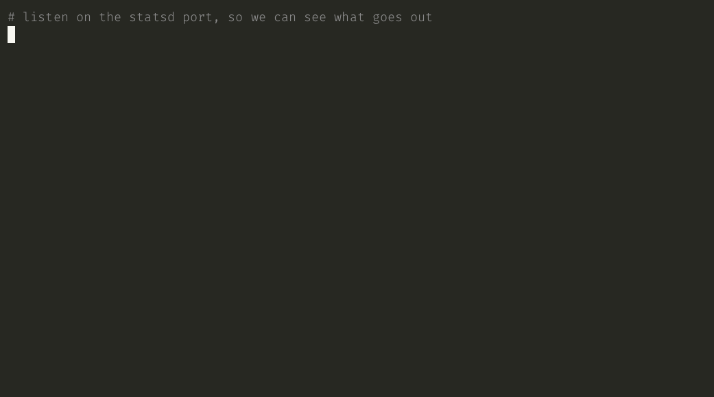 A terminal session sending a counter, a gauge, a timer and a sampled counter, with each UDP payload printed as it arrives