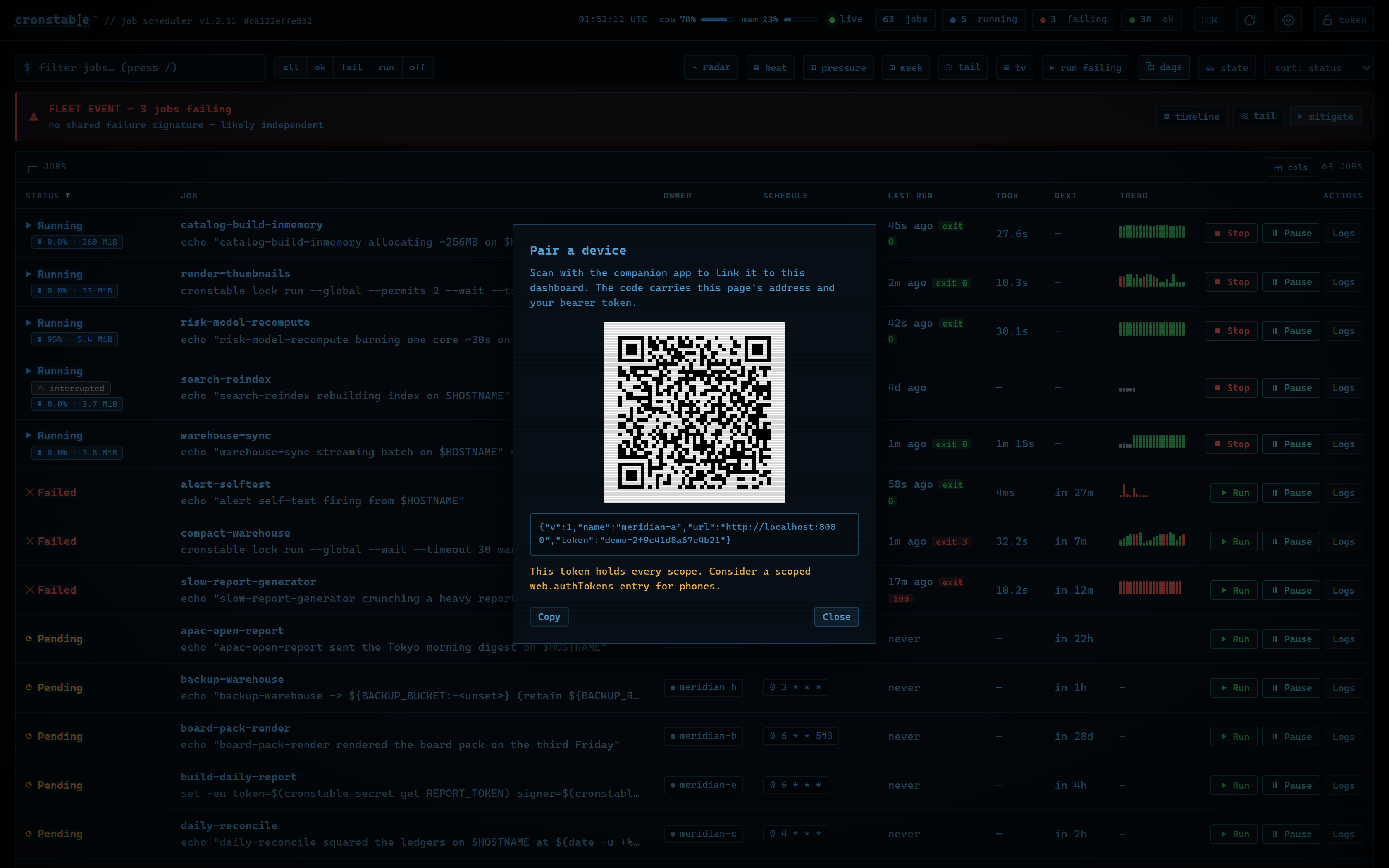 The dashboard's Pair a device panel: a QR code deep-linking the connection payload into the app being paired, the same payload as a copyable JSON string, and a warning that the embedded token holds every scope