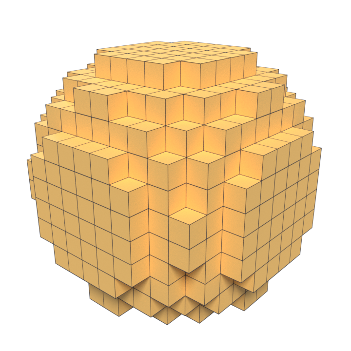 A sphere sampled on a 16³ grid, every voxel below the isovalue drawn as a block