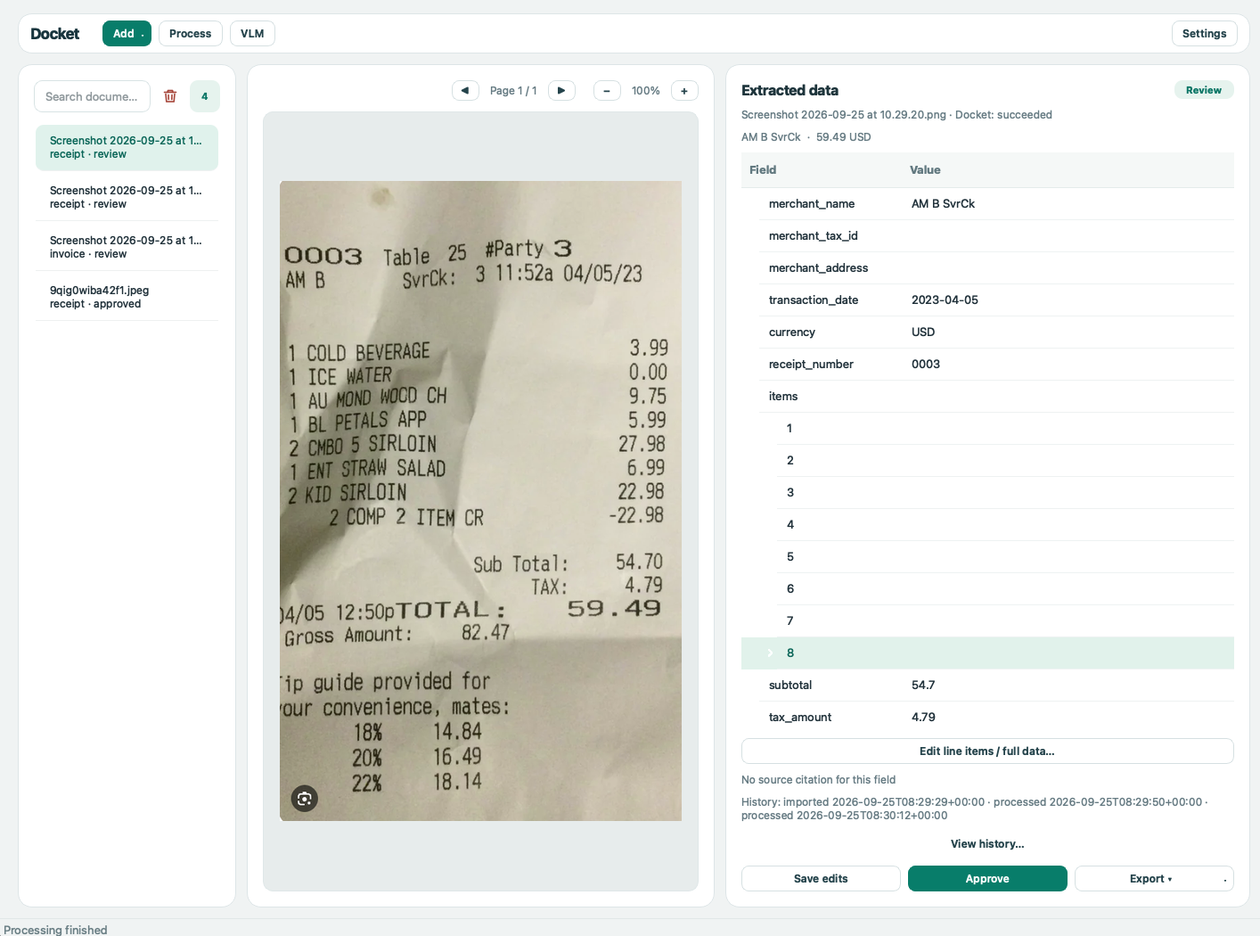 Docket Desktop showing a scanned receipt beside extracted fields