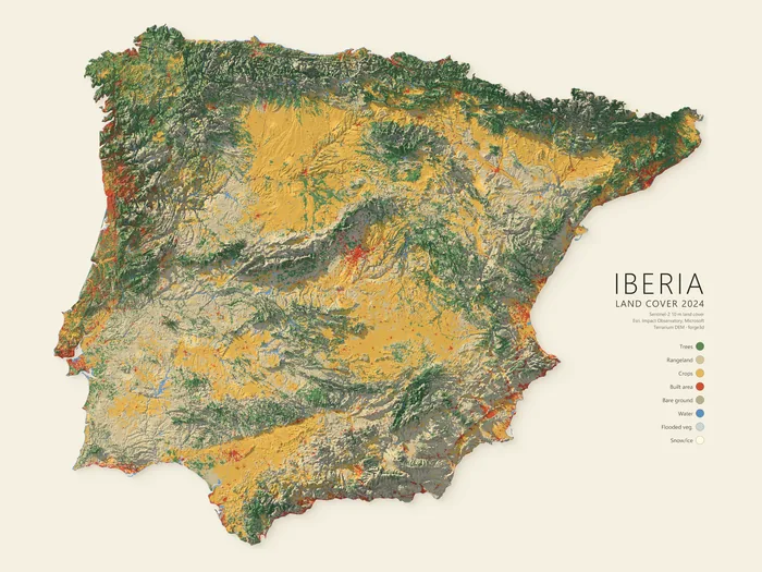 Iberian peninsula land cover, forest greens along the north and mountain ranges, crop yellows across the meseta
