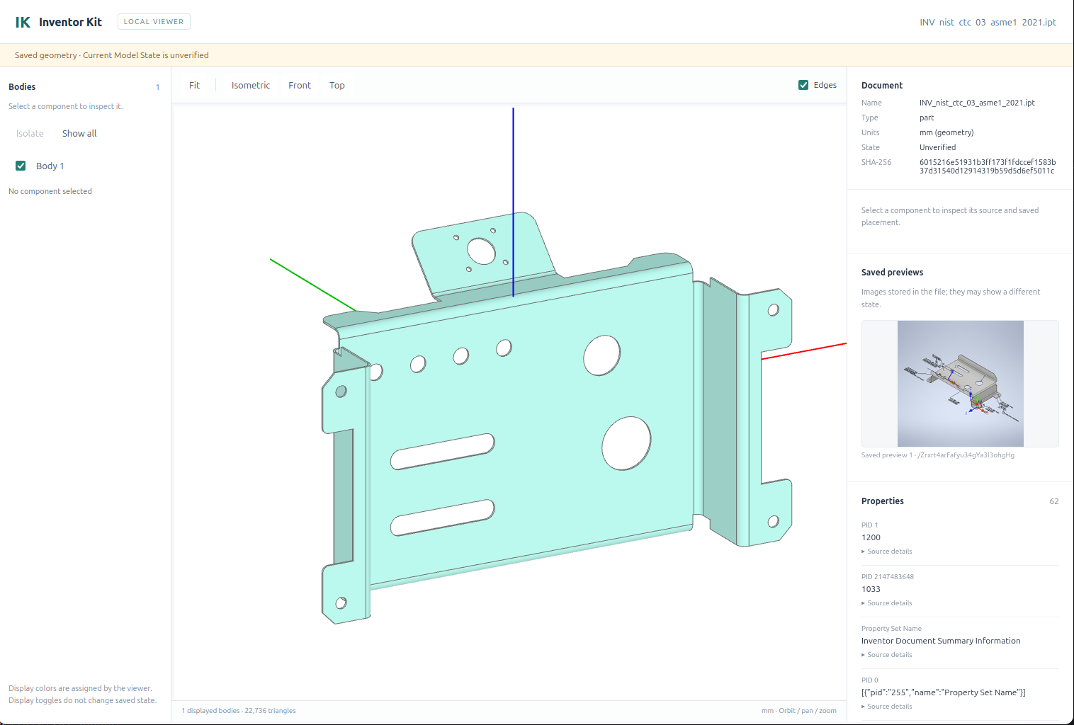 Inventor Kit viewer displaying the NIST CTC 03 model