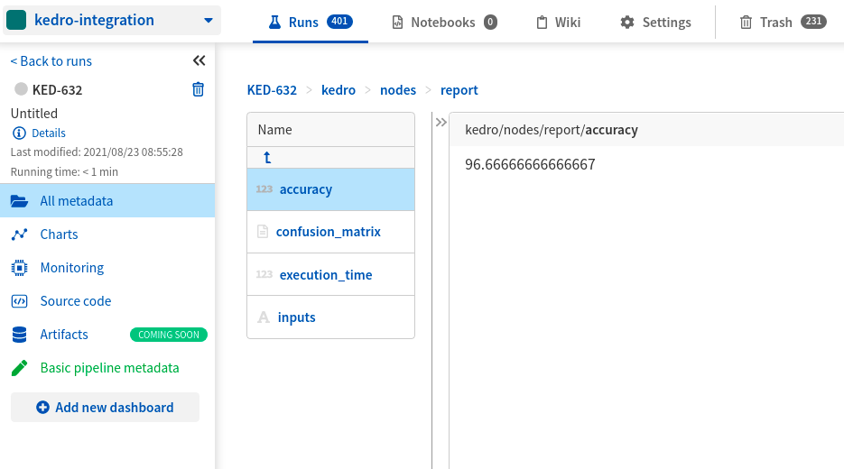 Metrics logged from Kedro to Neptune UI