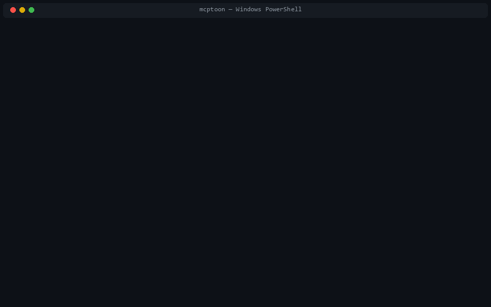 mcptoon demo: pip install, run the zero-config demo, watch 255 tools collapse from 71,929 tokens to 581