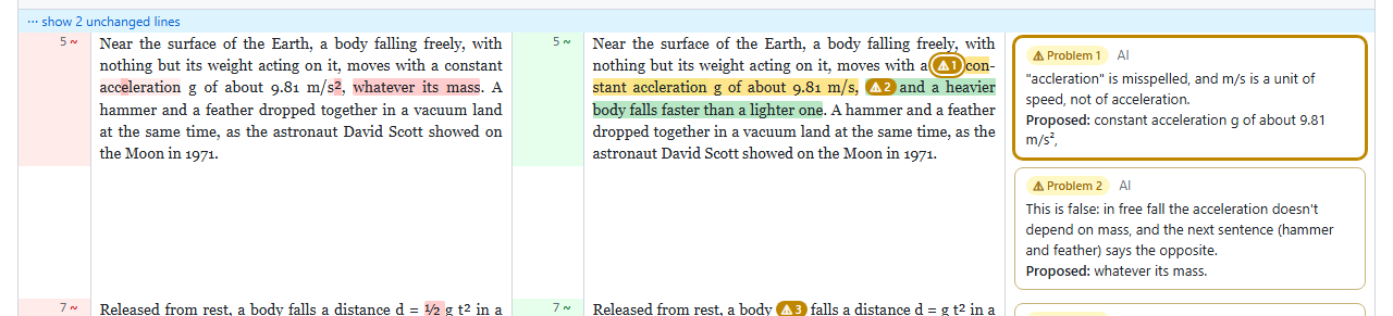 A paragraph of a prosediff report with the problems the AI marked: a numbered badge before each passage in the text, and in the margin beside it a card for each, what is wrong and the change proposed; the first pinned, its passage highlighted and its card ringed