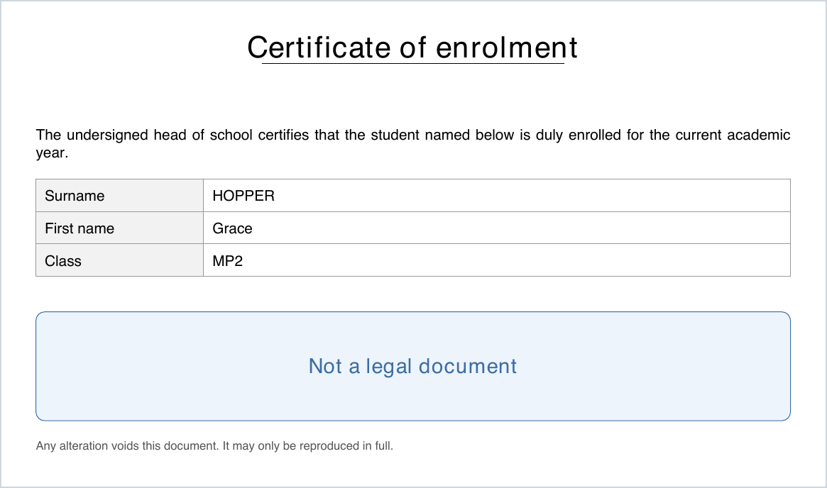 A certificate of enrolment drawn by examples/certificate.py