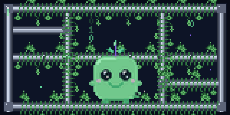 Pixel film: a small green creature rides its own pipeline around a looping world, is refused at the diamond gate with a red flash, gets a lightbulb idea, passes when the gate turns green through the green run-chamber while the vault seals the record, blows a bug infestation off the pipes in a moonlit grove, rests by an aurora-lit cove with a lighthouse, then rides on home as the world wraps around