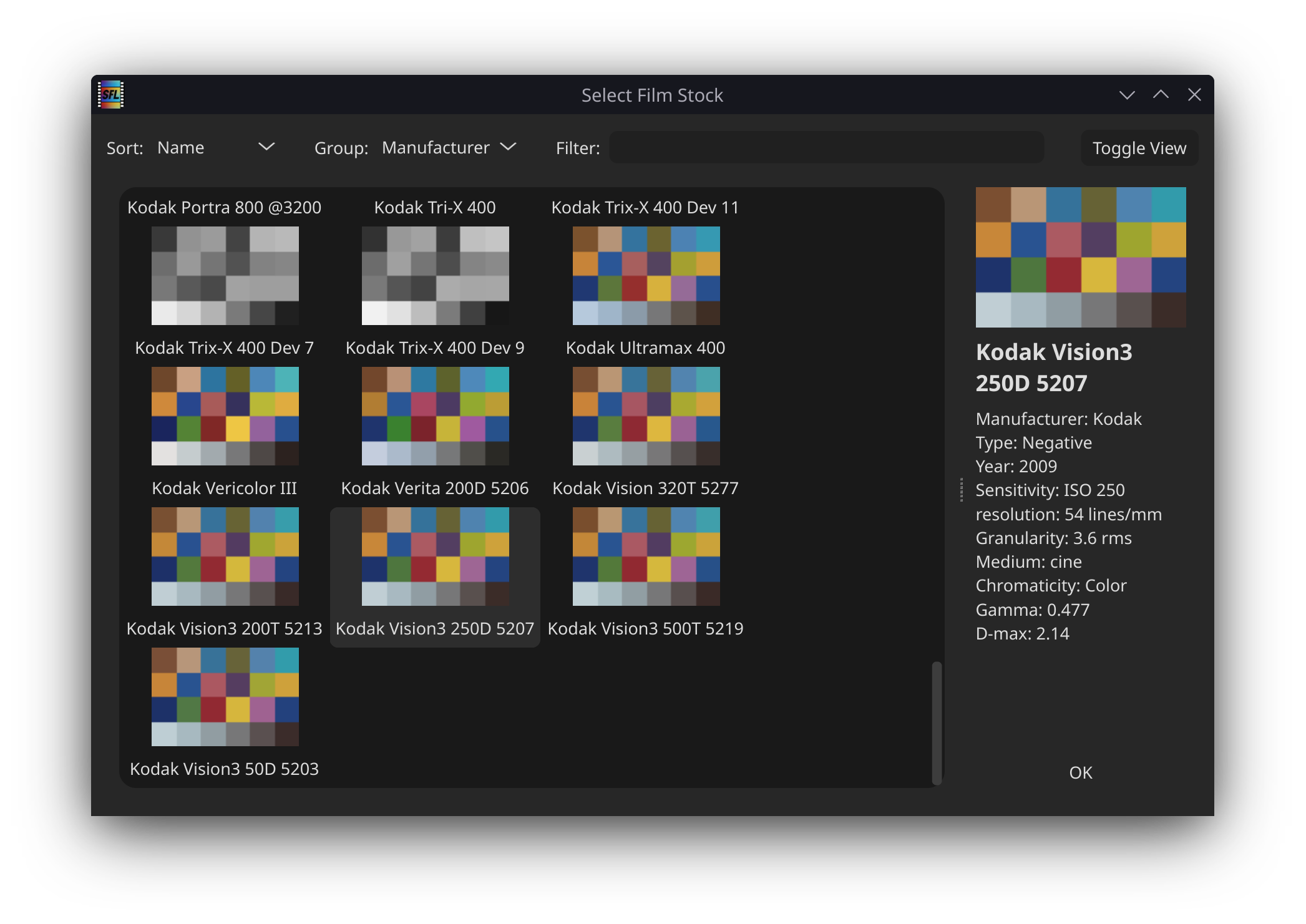 Film stock selection ui
