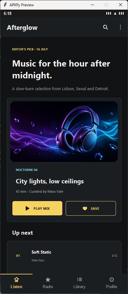 Afterglow music app built with ApkPy