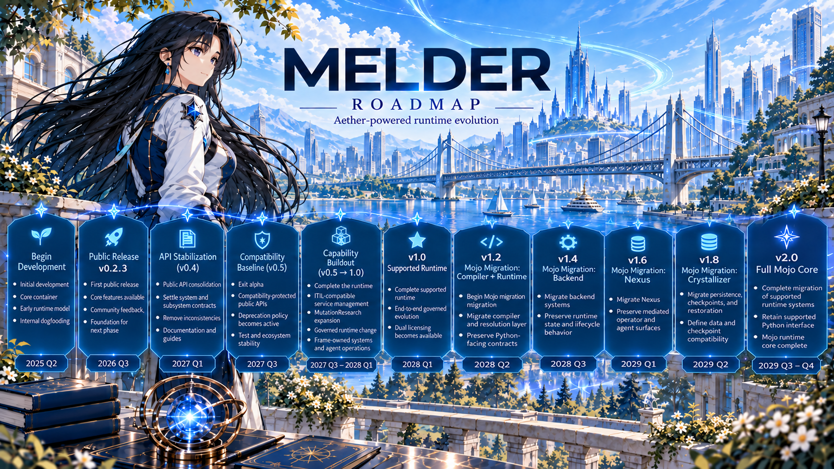 Melder roadmap: API stabilization, a supported 1.0 runtime, and staged Mojo migration through 2.0