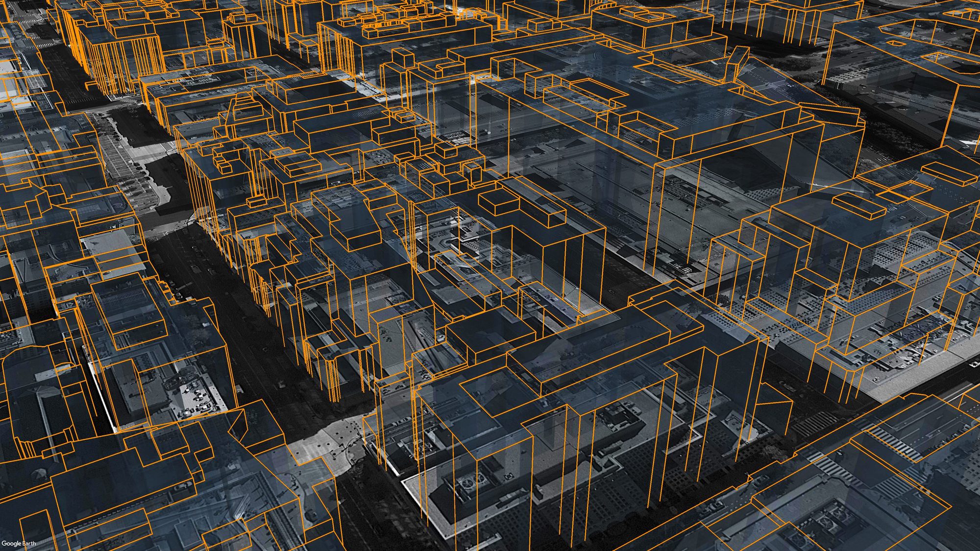 Orange wireframe building footprints extruded into 3D over Google Earth satellite imagery