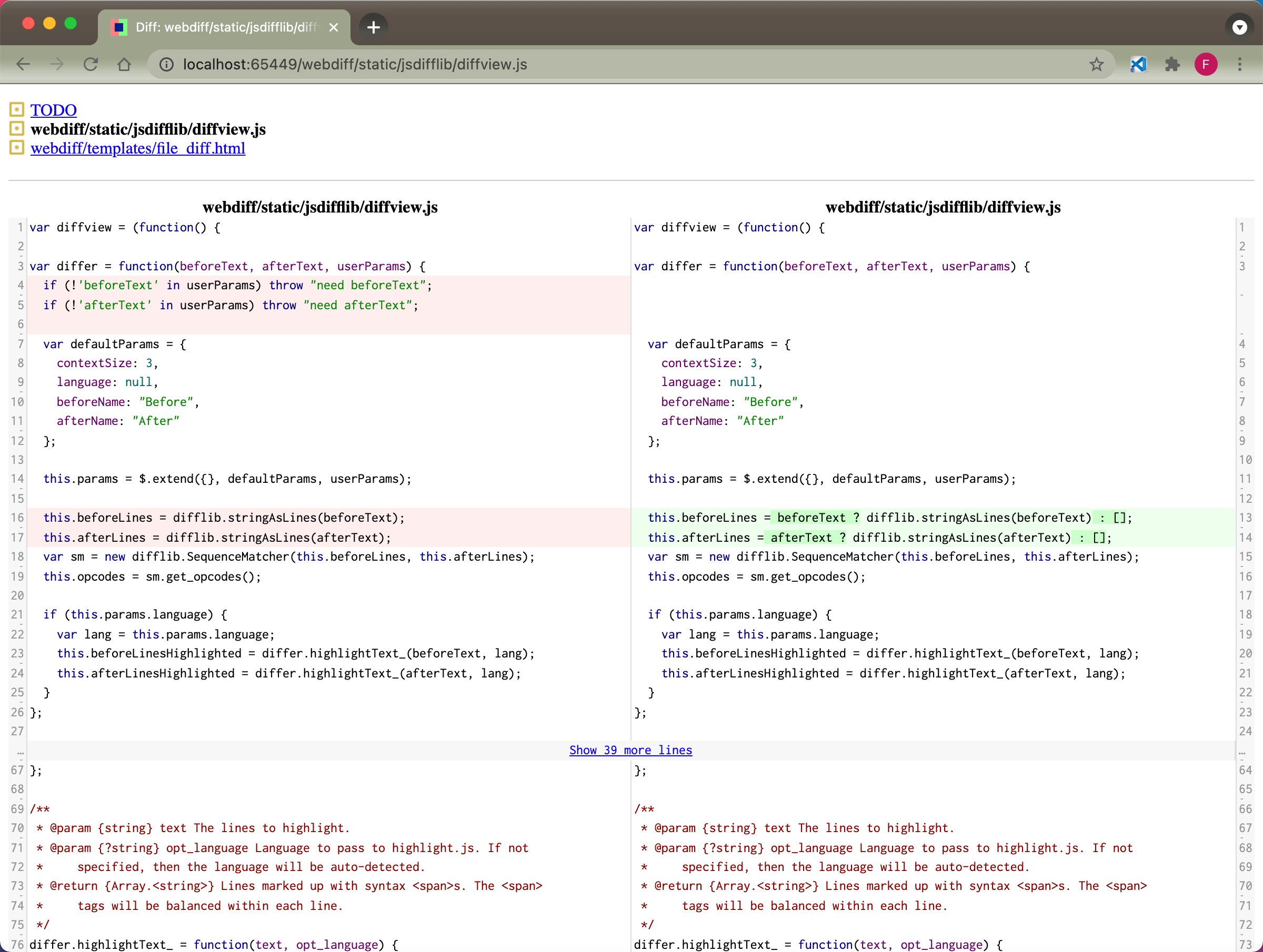 Screenshot of webdiff for COI in action