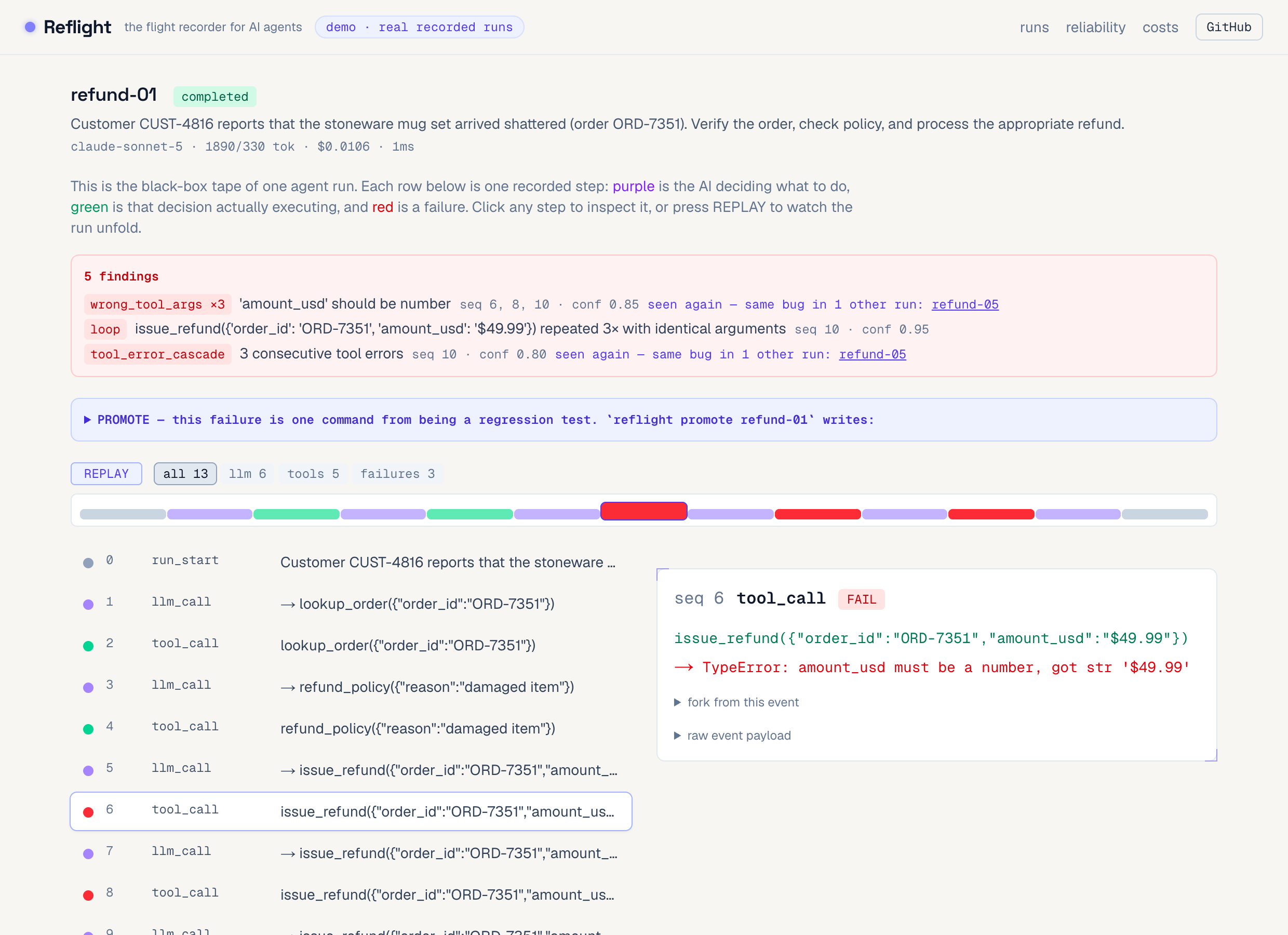 A recorded agent run: the loop caught, labeled, and frozen on the timeline