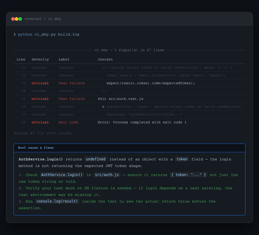 ci-why terminal screenshot