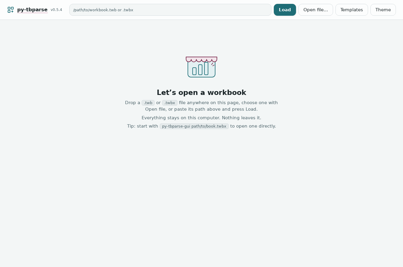 The start screen: the path box, Load, Open file..., Templates and Theme along the top, and "Let's open a workbook" in the middle