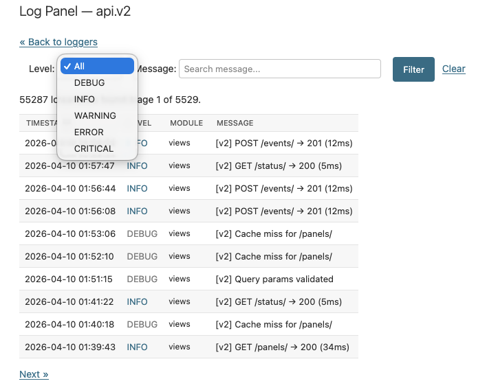 Log detail view with the level filter dropdown open